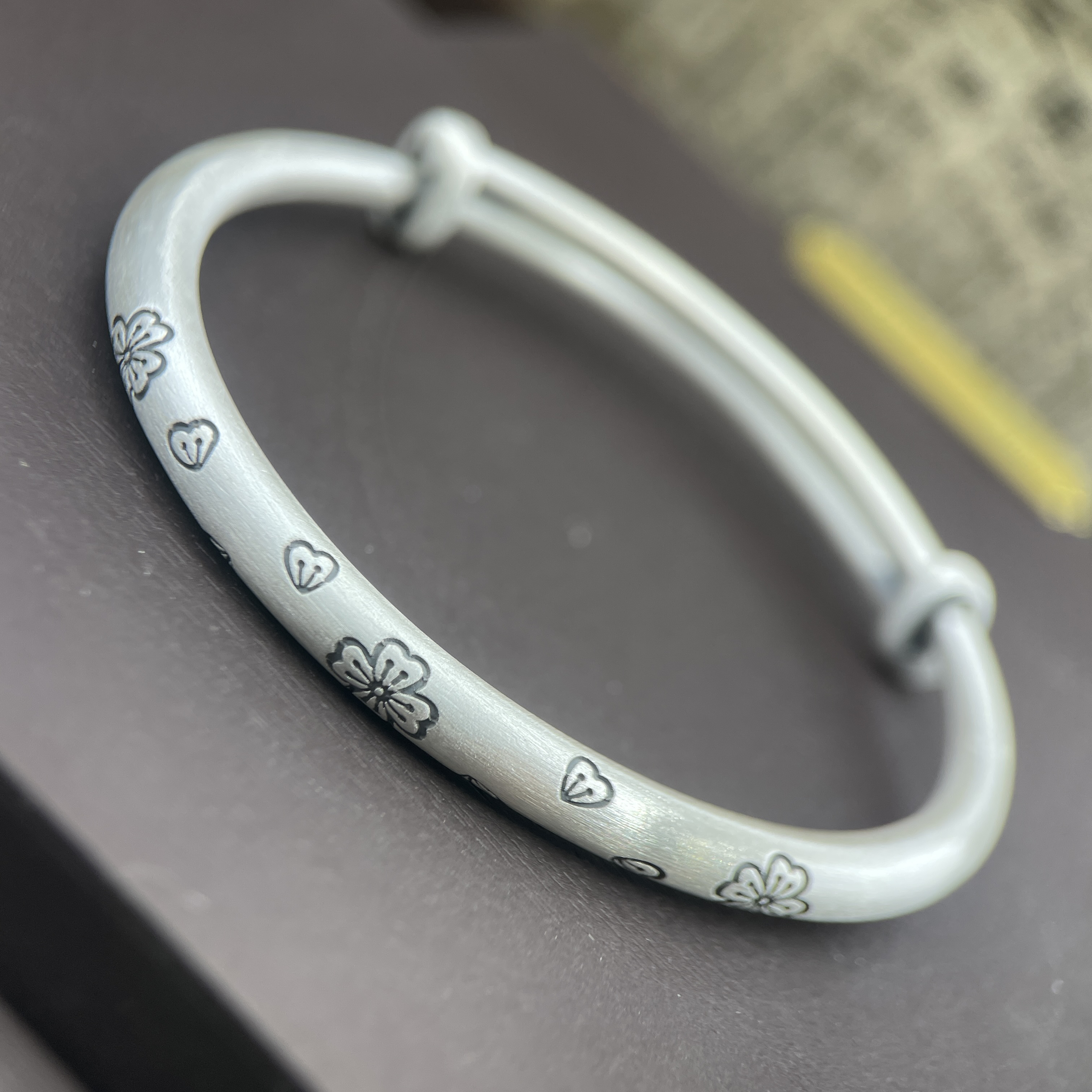 足银手镯 177号复古四叶草纯银手镯实心推拉可调节送礼物约26g