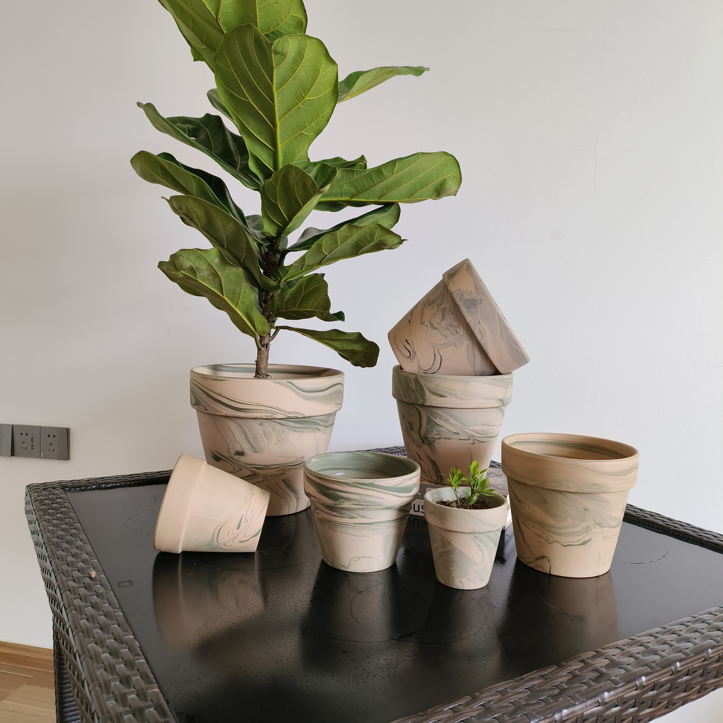 低温透气透水客厅阳台素烧窑变绿陶控根大口径陶土绿植陶土花盆