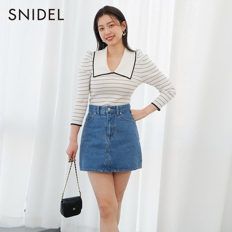 SNIDEL款品质女装翻领泡泡袖罗纹针织衫SWNT231234