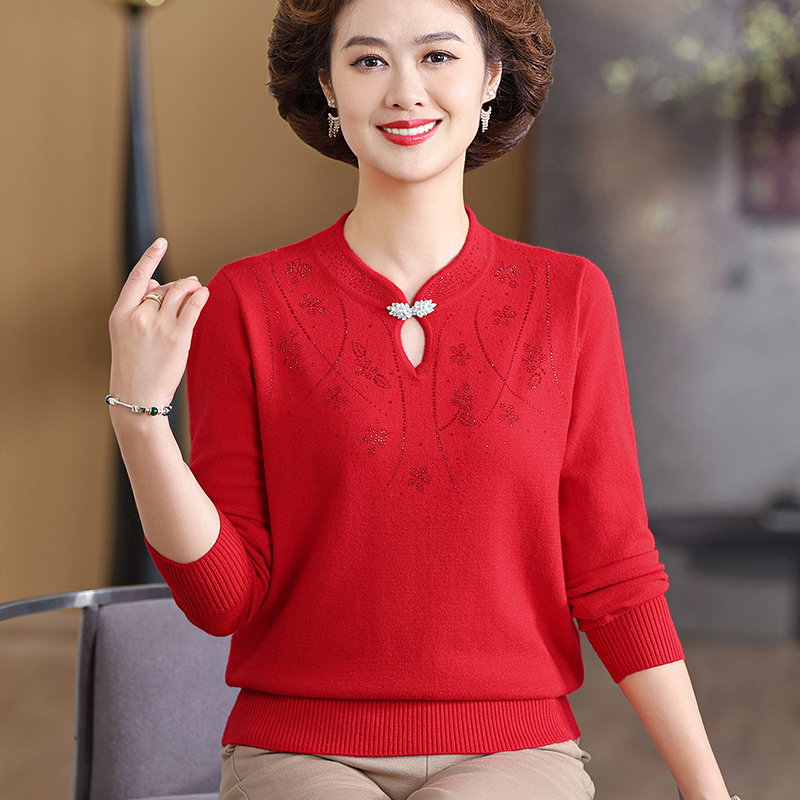 中年妈妈秋装旗袍领针织小衫50岁中老年毛衣女长袖打底衫春秋上衣