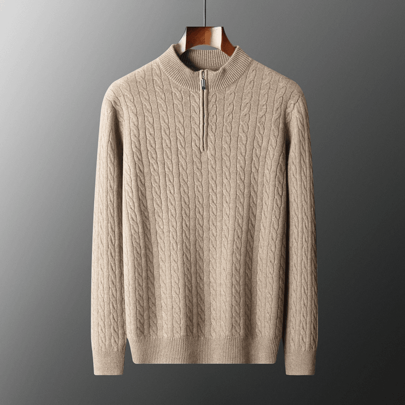 100%羊绒男士拉链半高领加厚长袖毛衣宽松扭花衫