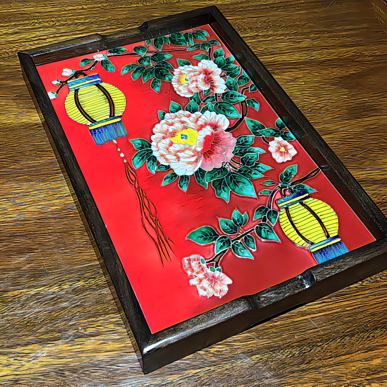 【粤薇】绿万花瓷板画茶盘收纳桌面摆件手工彩绘榆木榫卯结构28.43