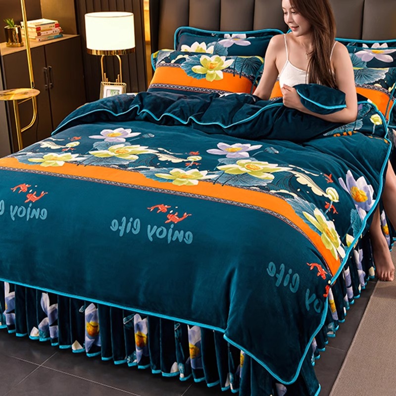 冬季加厚双面牛奶绒四件套法兰绒被套床裙款金貂珊瑚绒床单不掉毛