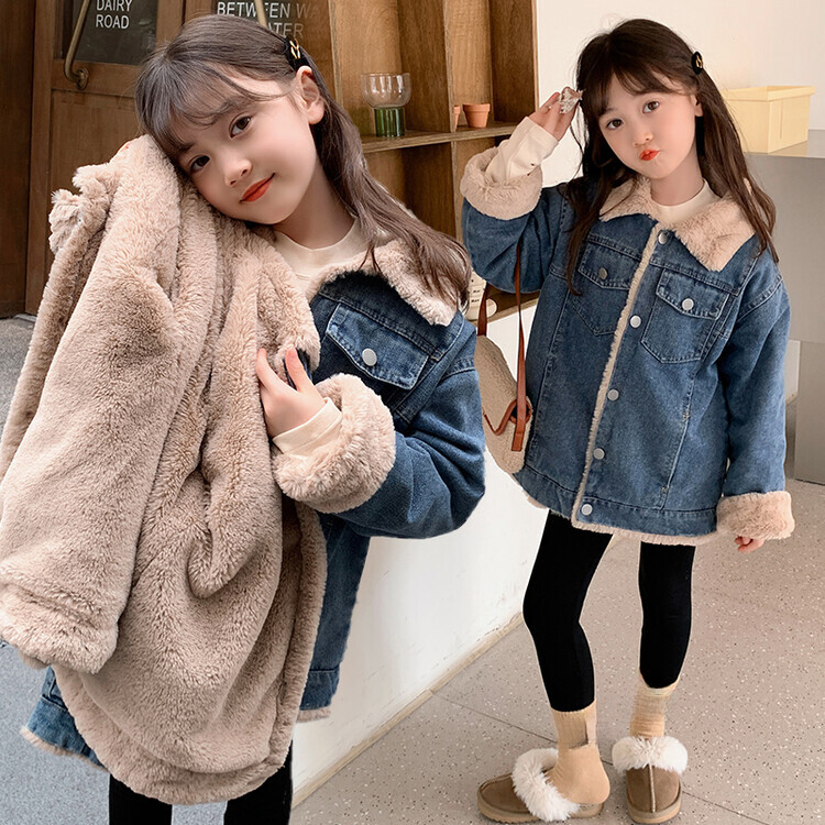 韩版棉服2023冬装新款男女童加绒加厚牛仔外套母女装保暖棉服潮流
