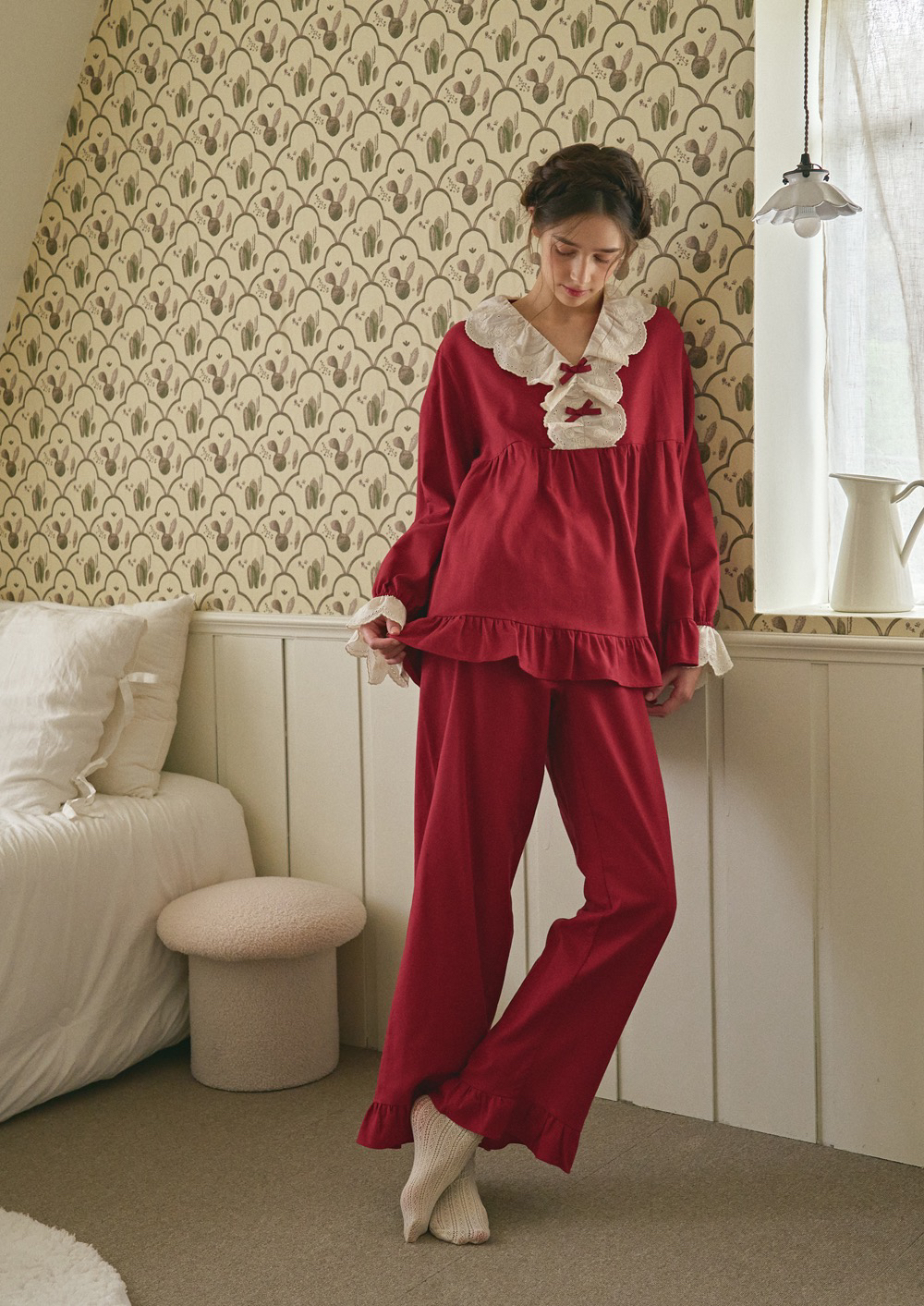 韩国ullala品牌睡衣家居服蕾丝边V领睡衣家居服24297