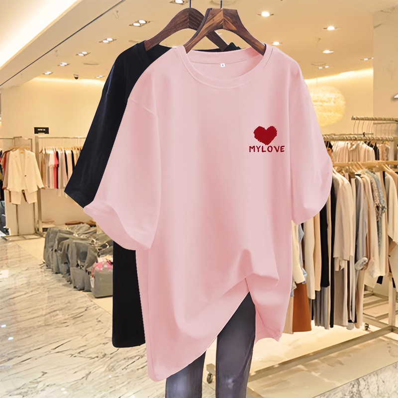 夏季粉色短袖t恤女2024新款爆款爱心印花宽松显瘦中长款打底衫潮