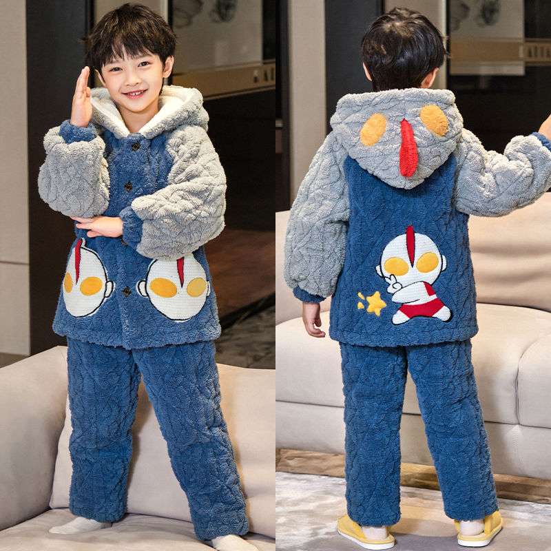 儿童珊瑚绒睡衣冬季加绒加厚款套装小男童三层夹棉冬款保暖家居服