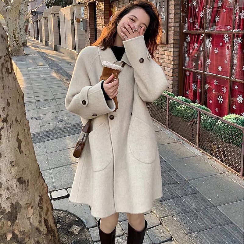 撞色娃娃领双面呢子大衣女2023秋冬季中长款a版斗篷赫本毛呢外套