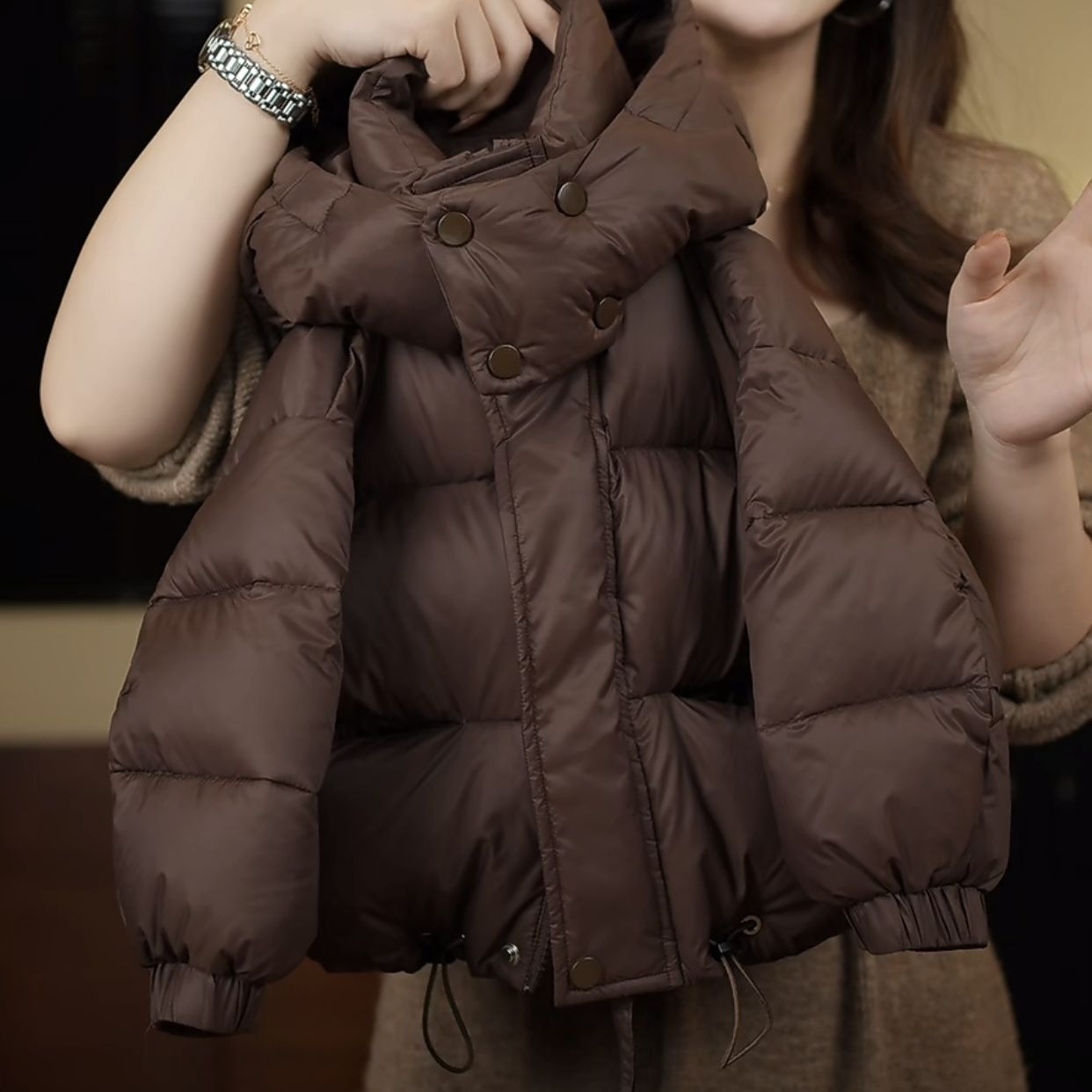 儿童2023冬新款美拉德简约加棉棉服连帽男女童保暖洋气黑