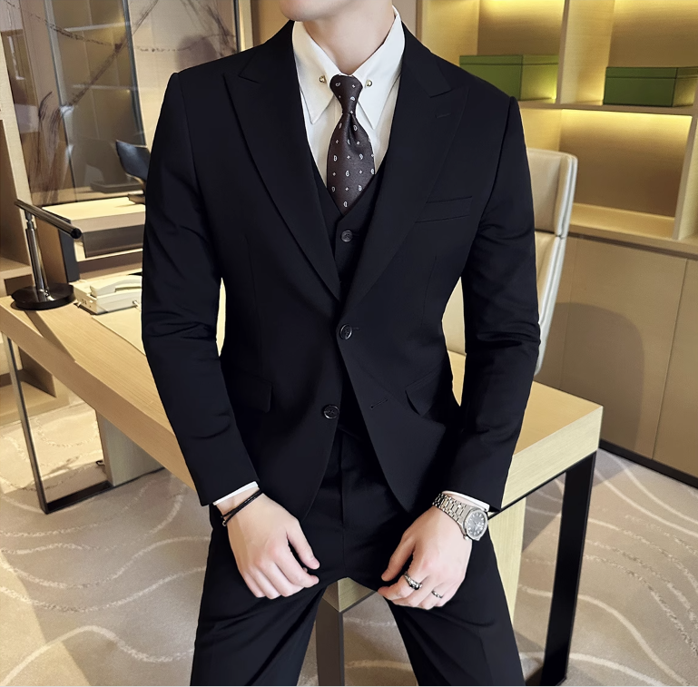 男士秋冬款西服套装婚礼套装修身帅气新郎戗驳领西装套装男结婚