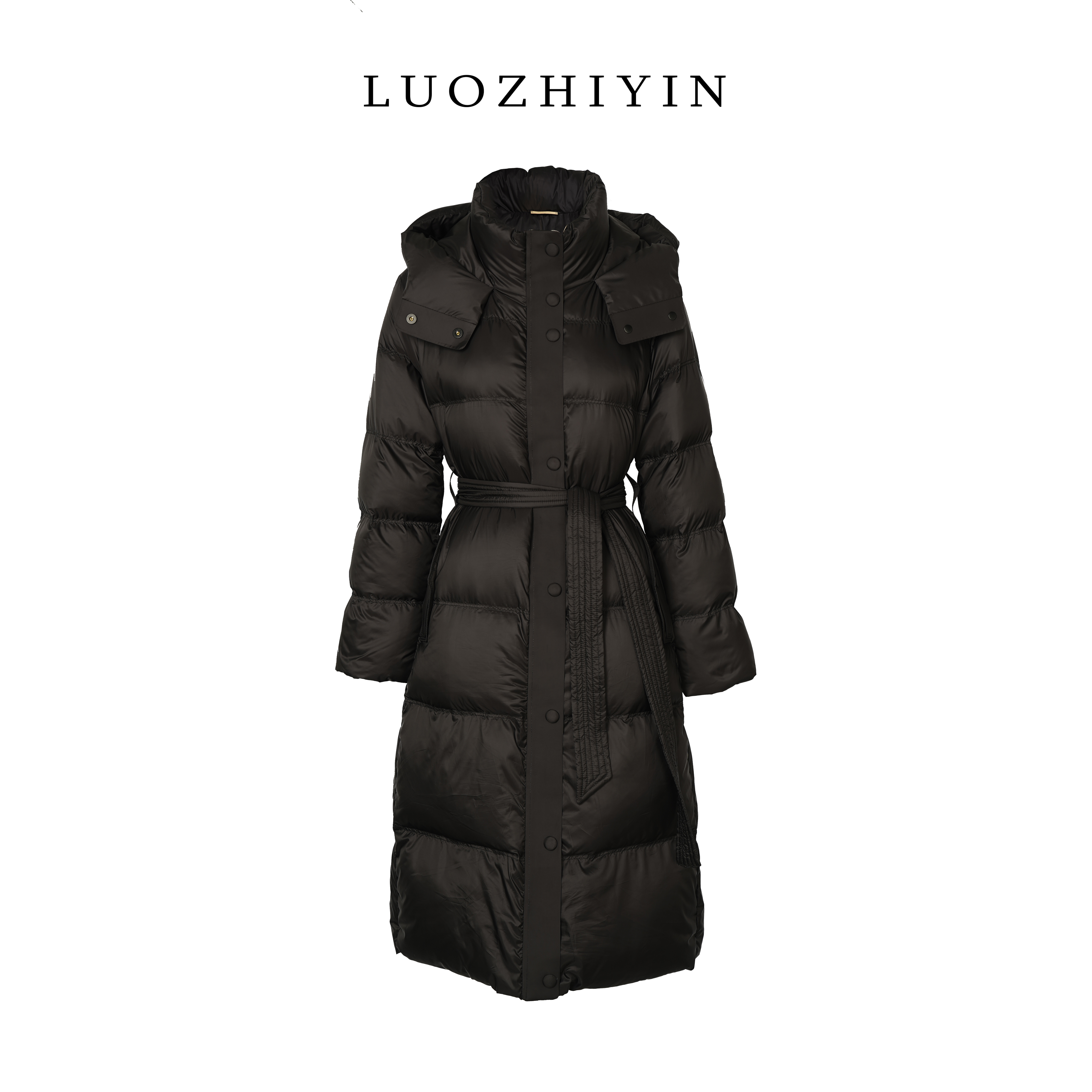 罗一一C311888TZ【90白鹅绒】连帽时尚中长款女士保暖外套羽绒服