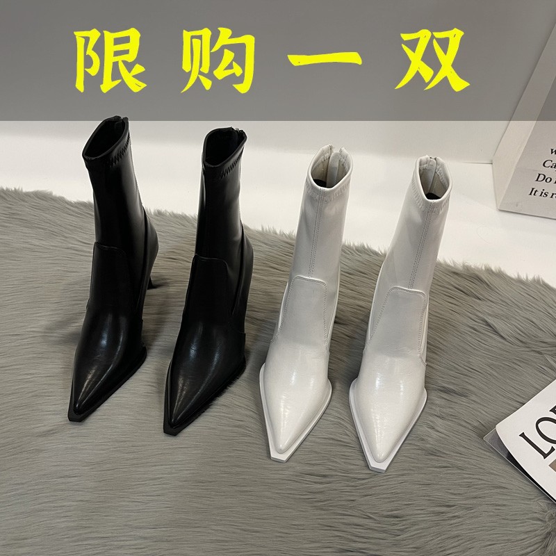 红蜻蜓牌小个子靴子女显高细跟秋季高跟鞋小众设计感高级感尖头