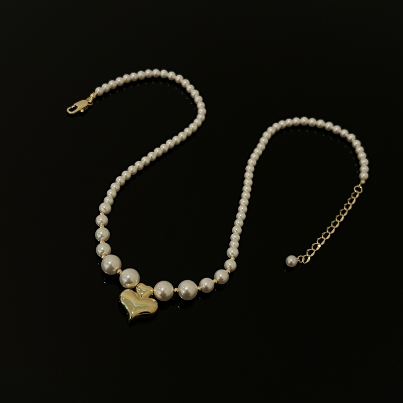 铜合金仿珍珠项链 0881韩国超流行双爱心珠珠项链