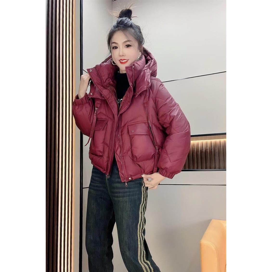 雅鹿欧货设计感大兜拉链加厚羽绒棉服女2023冬新款韩版宽松短款面