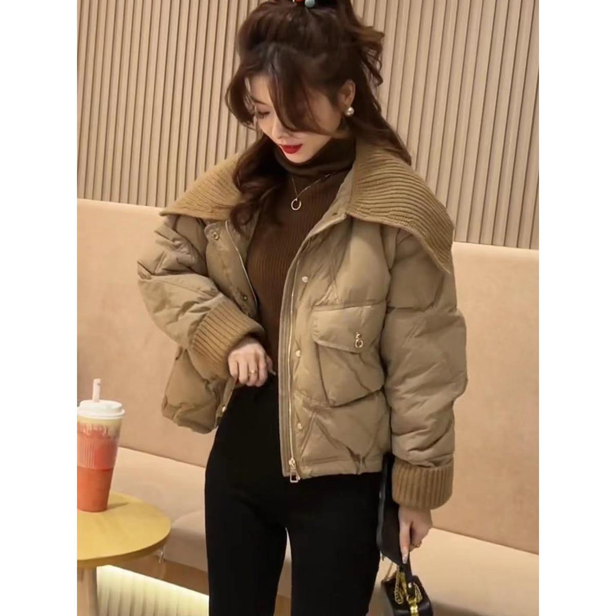 雅鹿大翻领羽绒服女冬季2023年新款韩版短款小个子轻薄棉服派克服