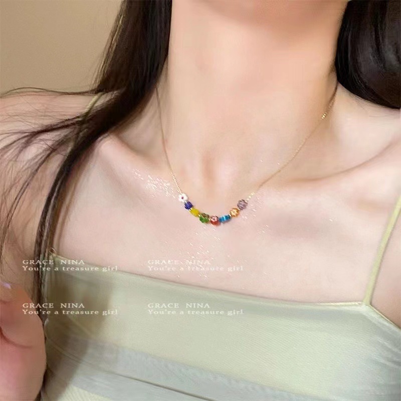 琉璃花朵串珠项链女新款甜美锁骨链ins潮轻奢小众设计感甜酷风