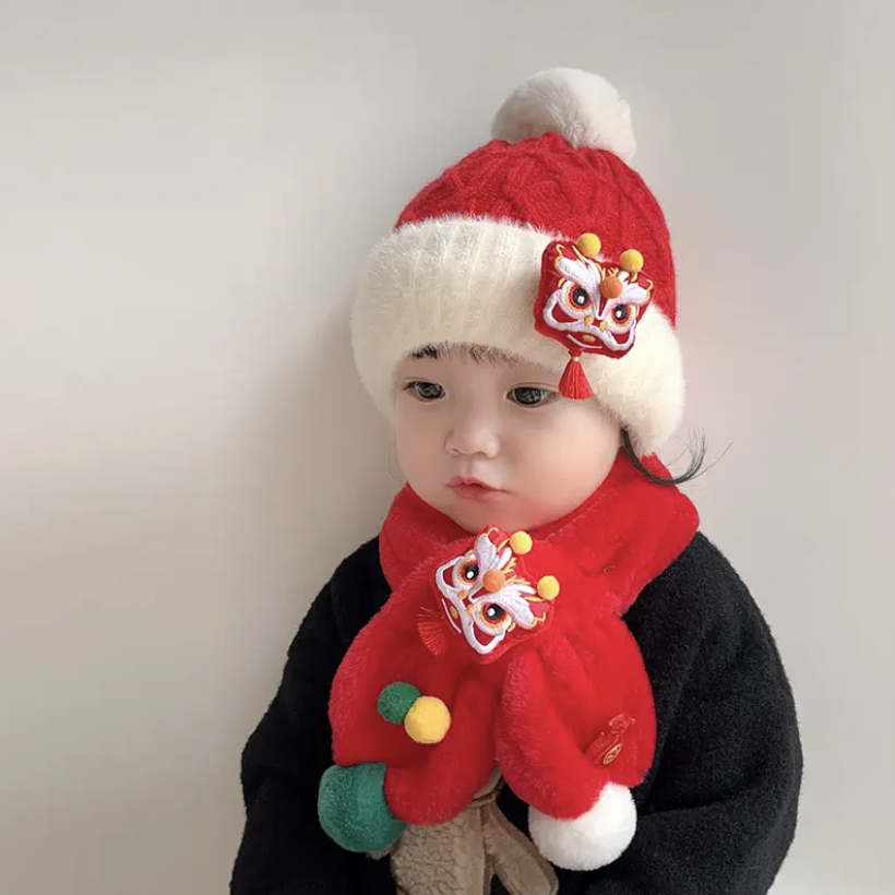 巴拉甄选新年红色婴儿醒狮毛线帽子围巾套装秋冬季喜庆洋气儿童宝