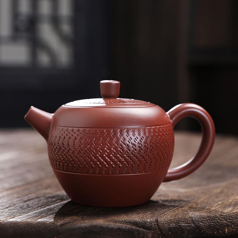 紫砂原矿朱泥茶壶纯手工跳刀纹平安壶中式家用送礼泡茶壶250毫升