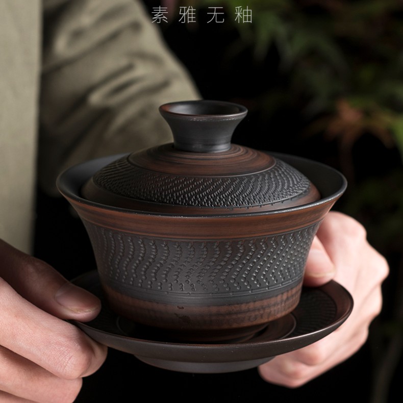 紫陶三才盖碗茶杯盖杯紫砂纯手工家用泡茶坭兴高端陶瓷茶具泡茶碗