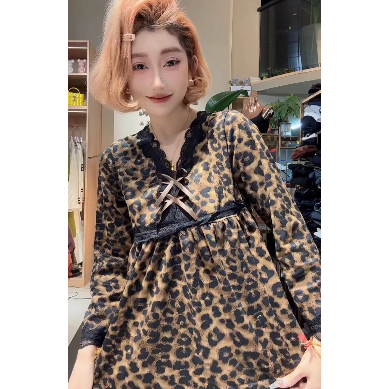 大码秋冬新款性感豹纹磨毛家居服套装女洋气蕾丝花边睡衣两件套