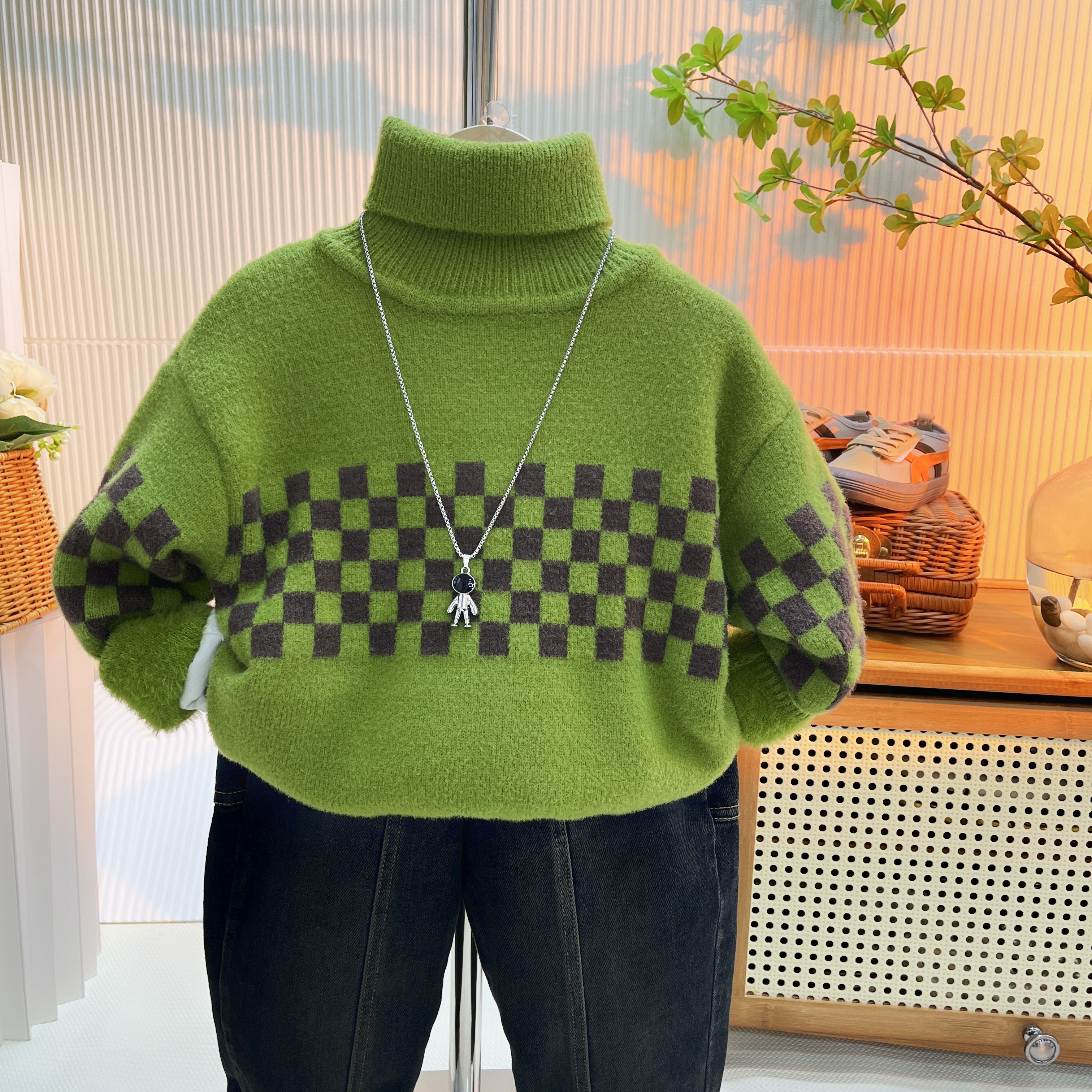 【棋盘格】冬季儿童加厚一体绒男童洋气毛衣女童针织衫秋冬打底儿童