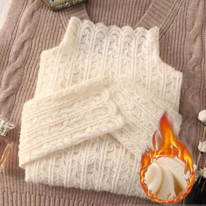 半高领加厚蕾丝打底衫女加绒秋冬新款洋气独特漂亮小衫内搭气质衫