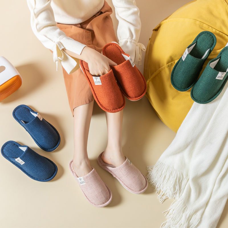 秋冬季亚麻拖鞋包头家居情侣室内地板月子男女防滑软底棉拖鞋家用