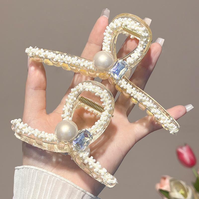 高级感水钻米珠发夹女韩版气质鲨鱼夹后脑勺盘发抓夹大号一件代发