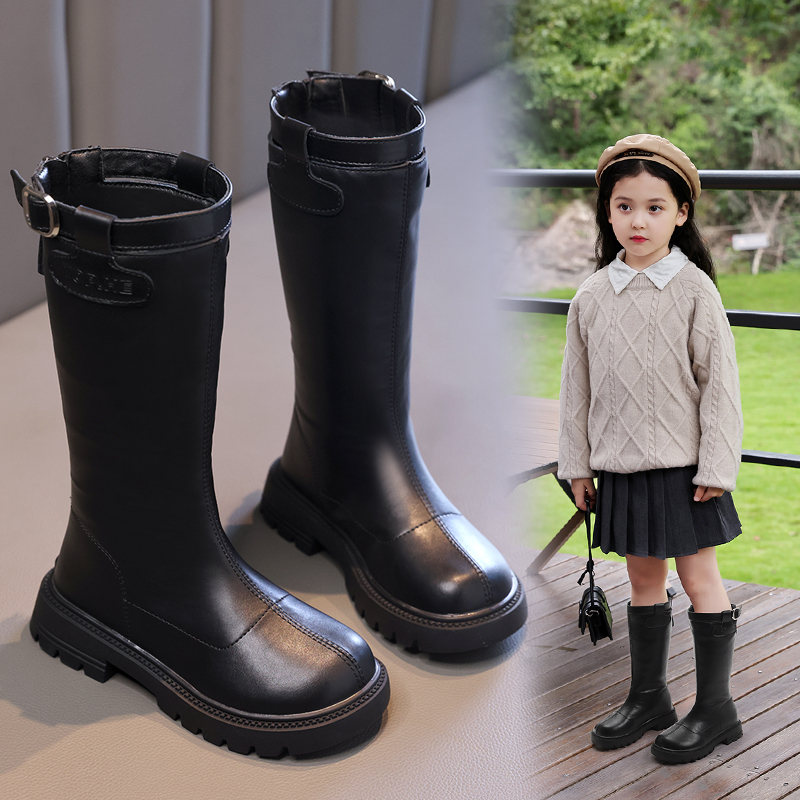 女童鞋子儿童长筒高筒长靴子2025冬季秋冬新款加绒皮靴