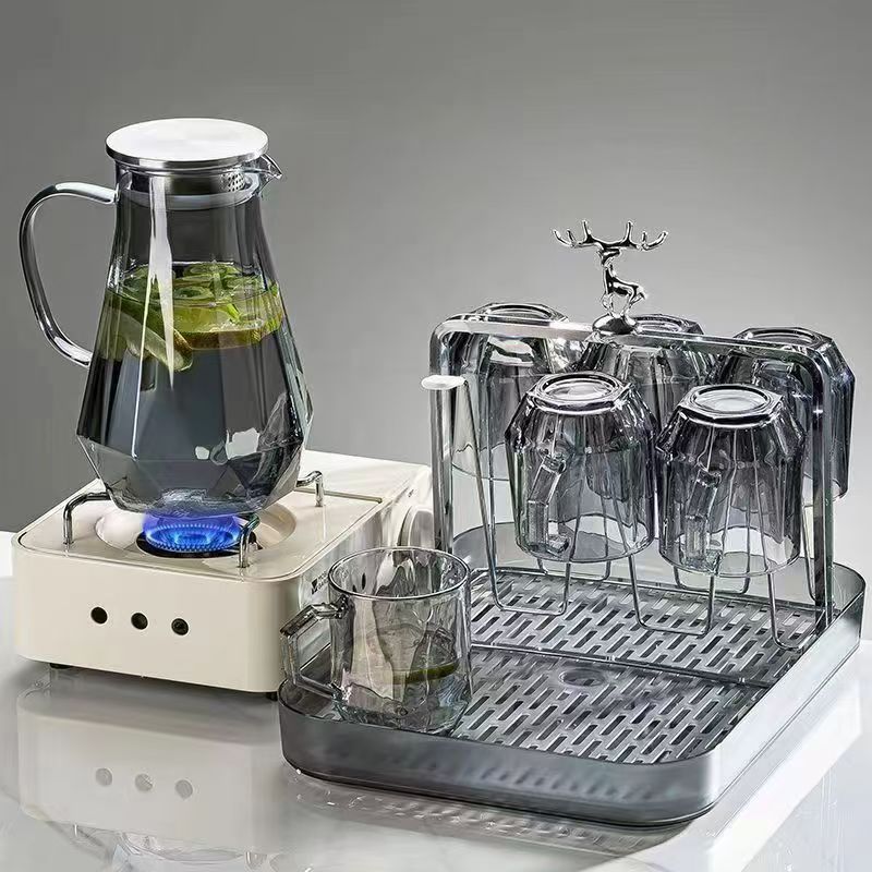 【带杯托杯架】冷水壶钻石水壶玻璃水杯家用套装客厅凉水壶耐高温