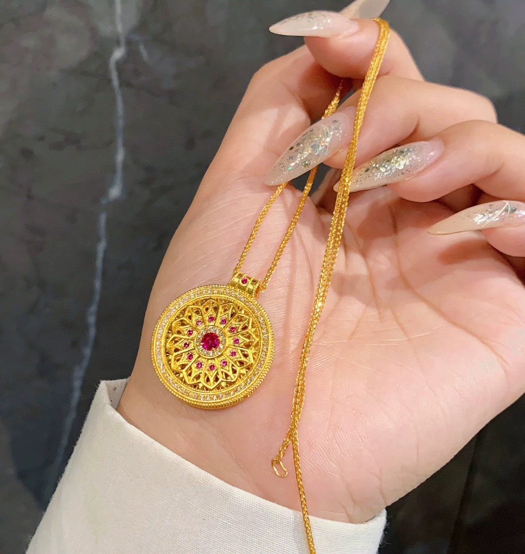 铜合金项链 花窗八宝罗盘吊坠金色古法新国潮轻奢风锁骨项链双面