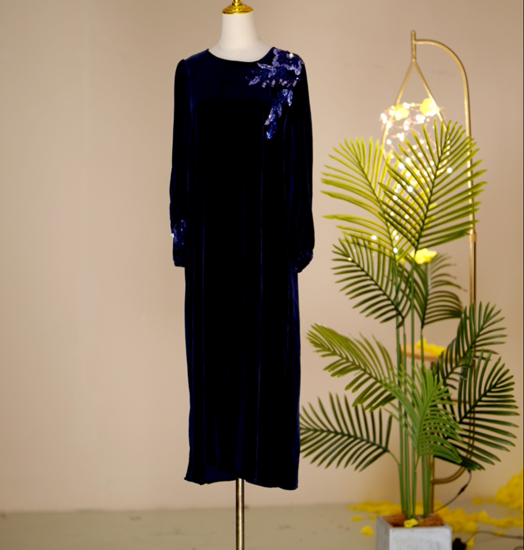 丝绒高定时尚气质减龄秋冬中长款连衣裙250004