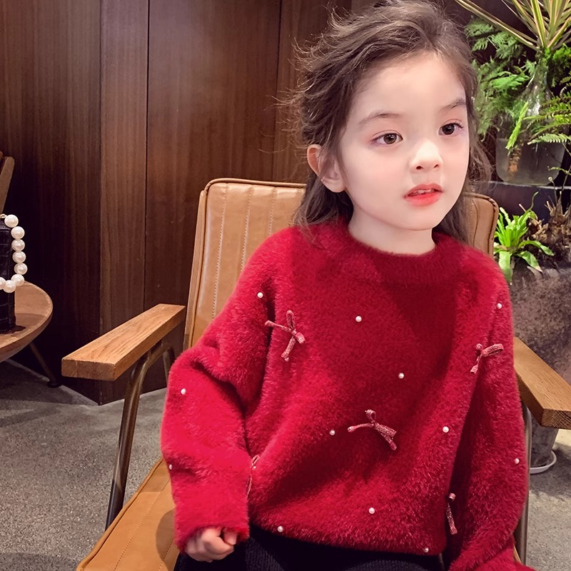 女童毛衣2025新款爆款女童秋冬洋气加厚套头不起球红色时尚针织衫