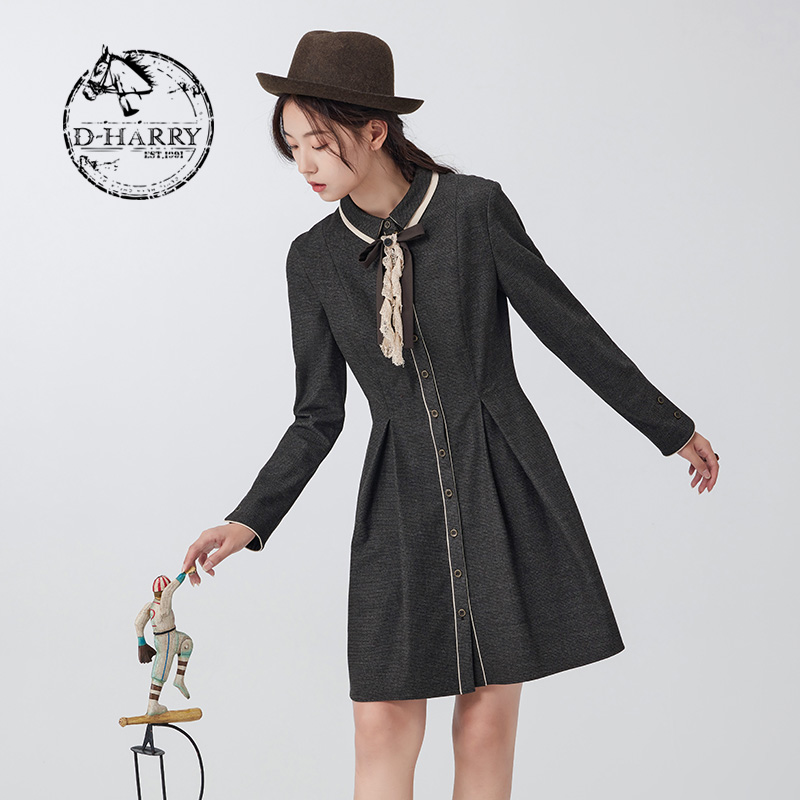 D-HARRY/迪哈利冬新款复古显瘦咖色细格连衣裙DH234J96703D