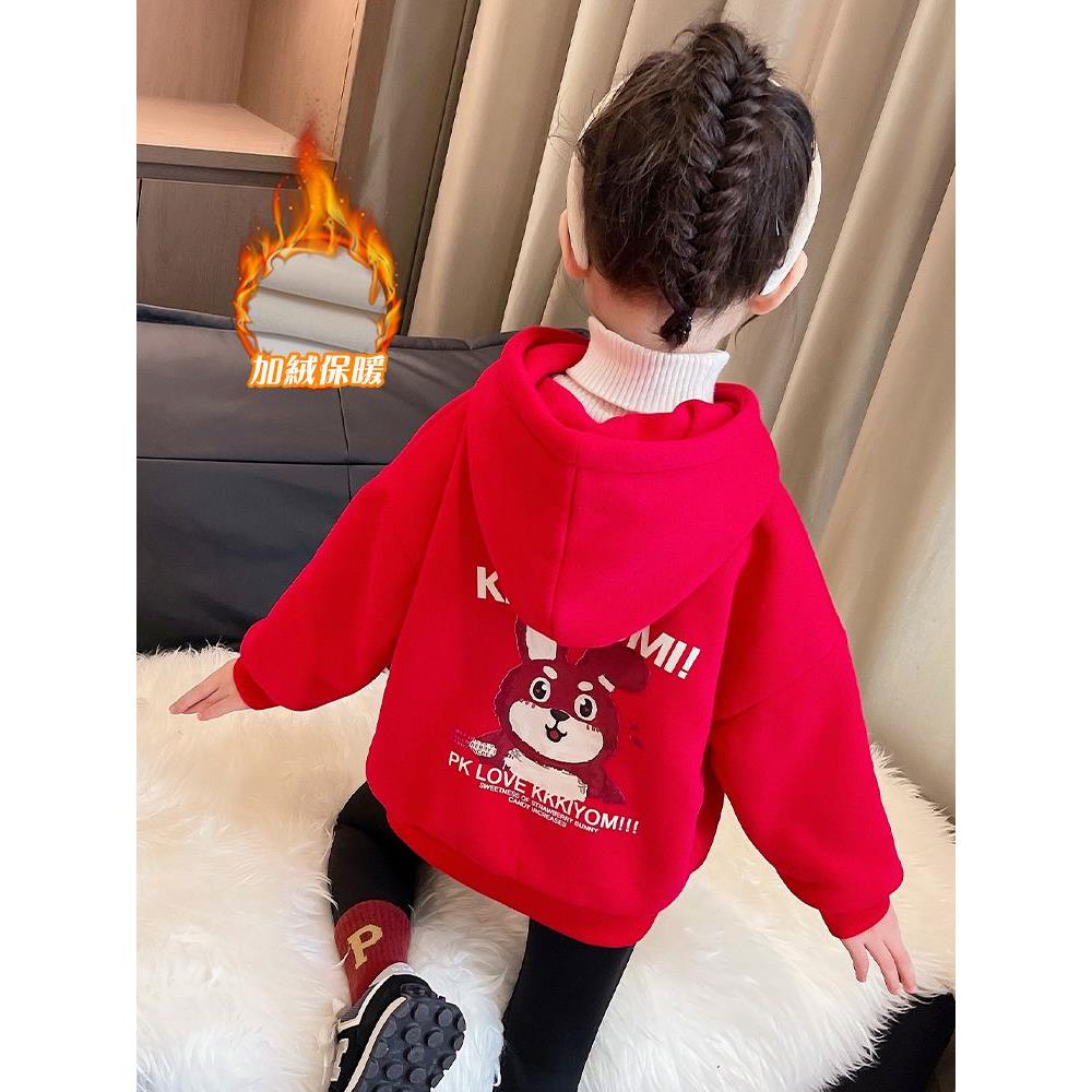 男女童秋冬款加绒印花连帽卫衣新款冬季加厚韩版休闲卡通上衣潮