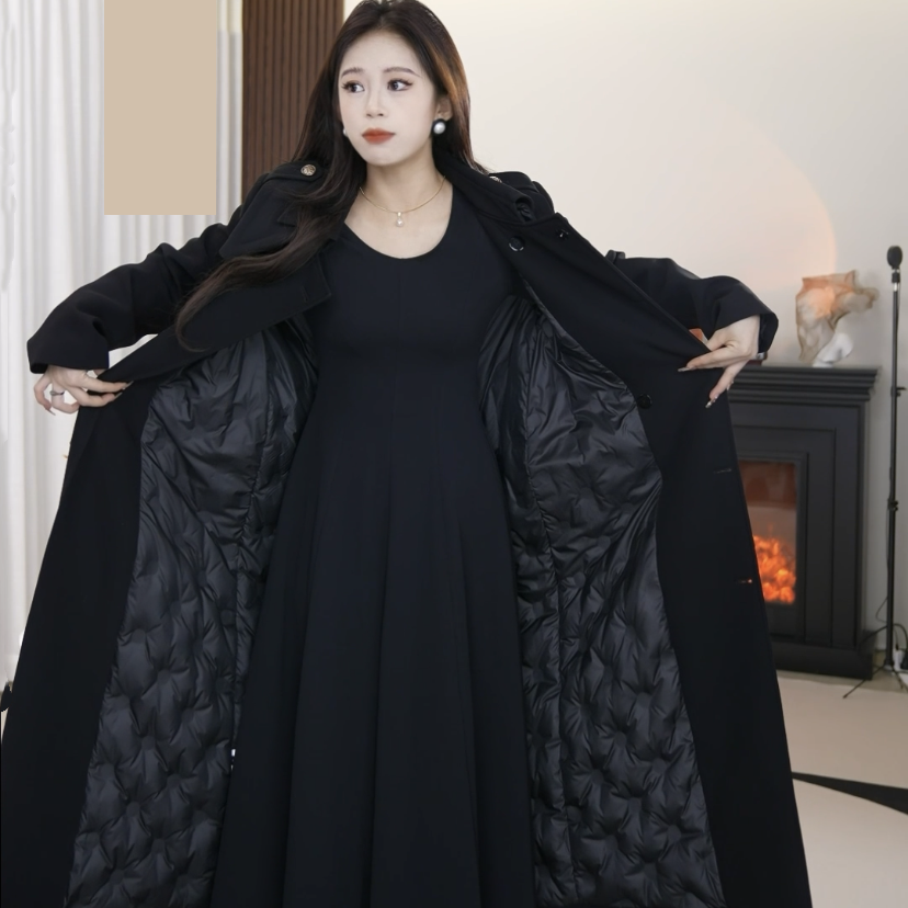 【羽绒内胆】冬季爆款加厚西服面料女长款大衣羽绒服外套抗风