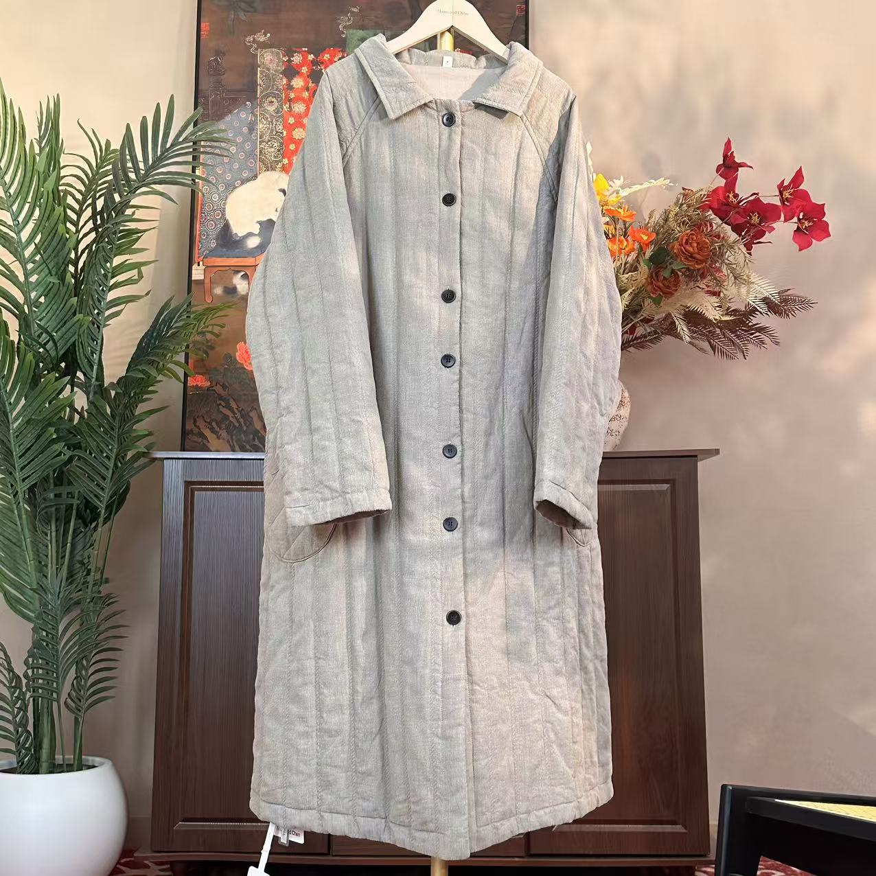 MM7098萌萌设计师女装秋冬亚麻炒色做旧复古外套（衣长112胸围138）