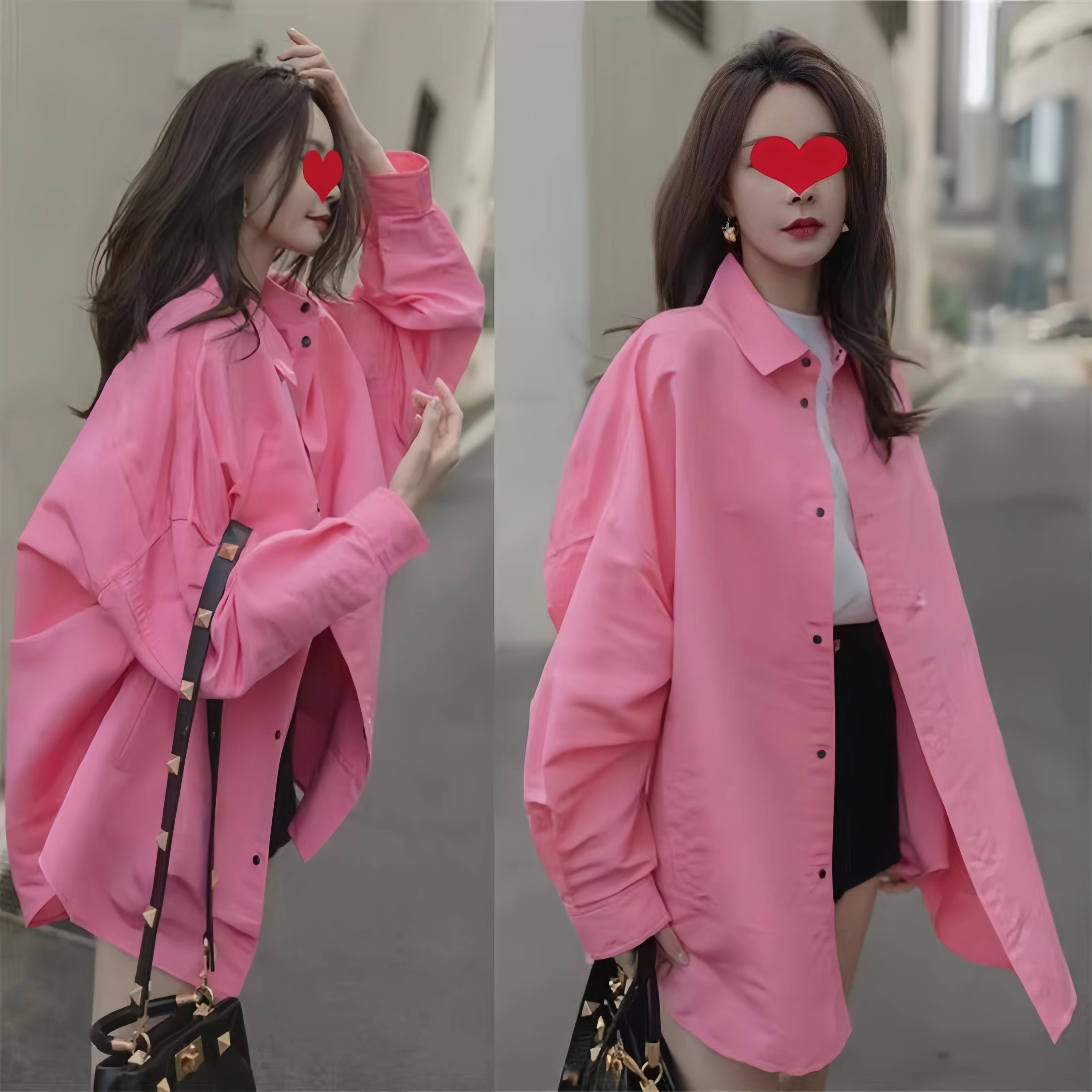 明星同款长袖衬衫女装春秋设计感小众炸街宽松粉色上衣服潮中长款