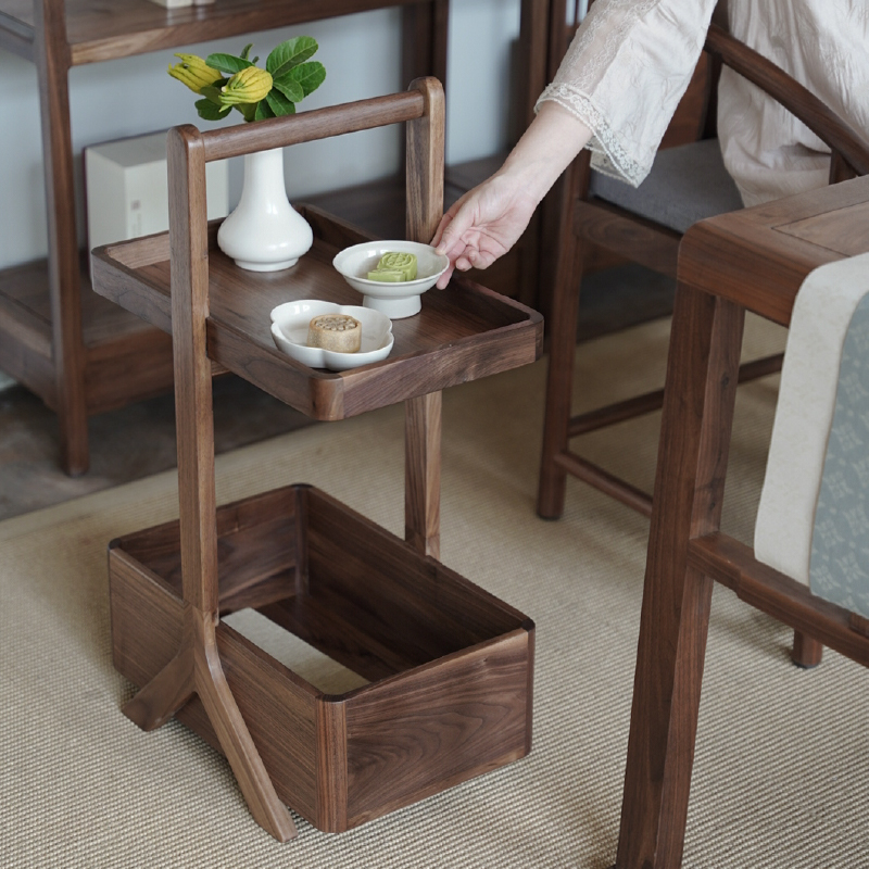 新中式黑胡桃木提盒边几收纳置物架阳台客厅小空间移动便携储物架