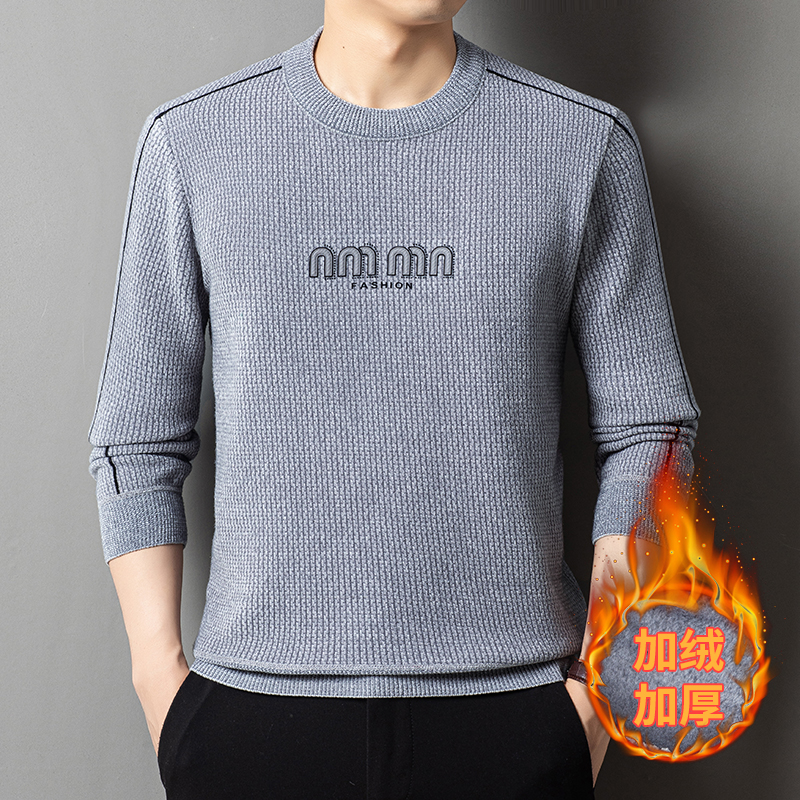 秋冬男士加绒加厚毛衣圆领百搭上衣保暖冬季针织衫男