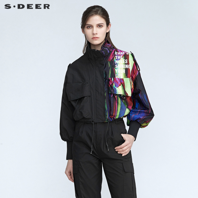 S·DEER圣迪奥女装春时尚个性立领字母印花罗纹短款外套S21182207