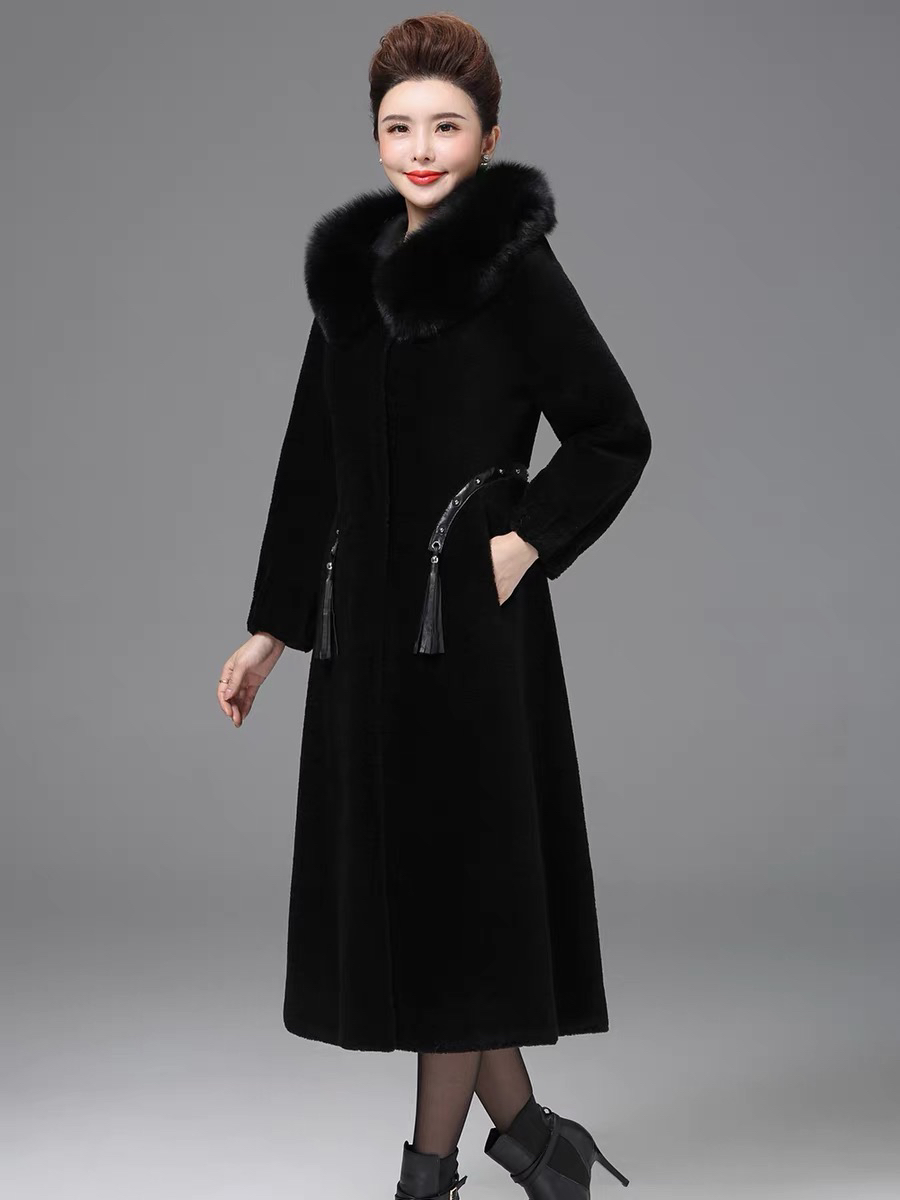 SR女款羊剪绒羊毛大衣真毛冬季海宁正品2025长款妈妈皮毛皮草外套