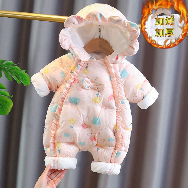 【品牌】婴儿连体衣服秋冬装新生女宝宝超萌公主加绒加厚百天周岁