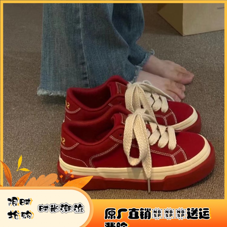 爆款中国红新款厚底帆布鞋女原创设计透气板鞋子ins百搭