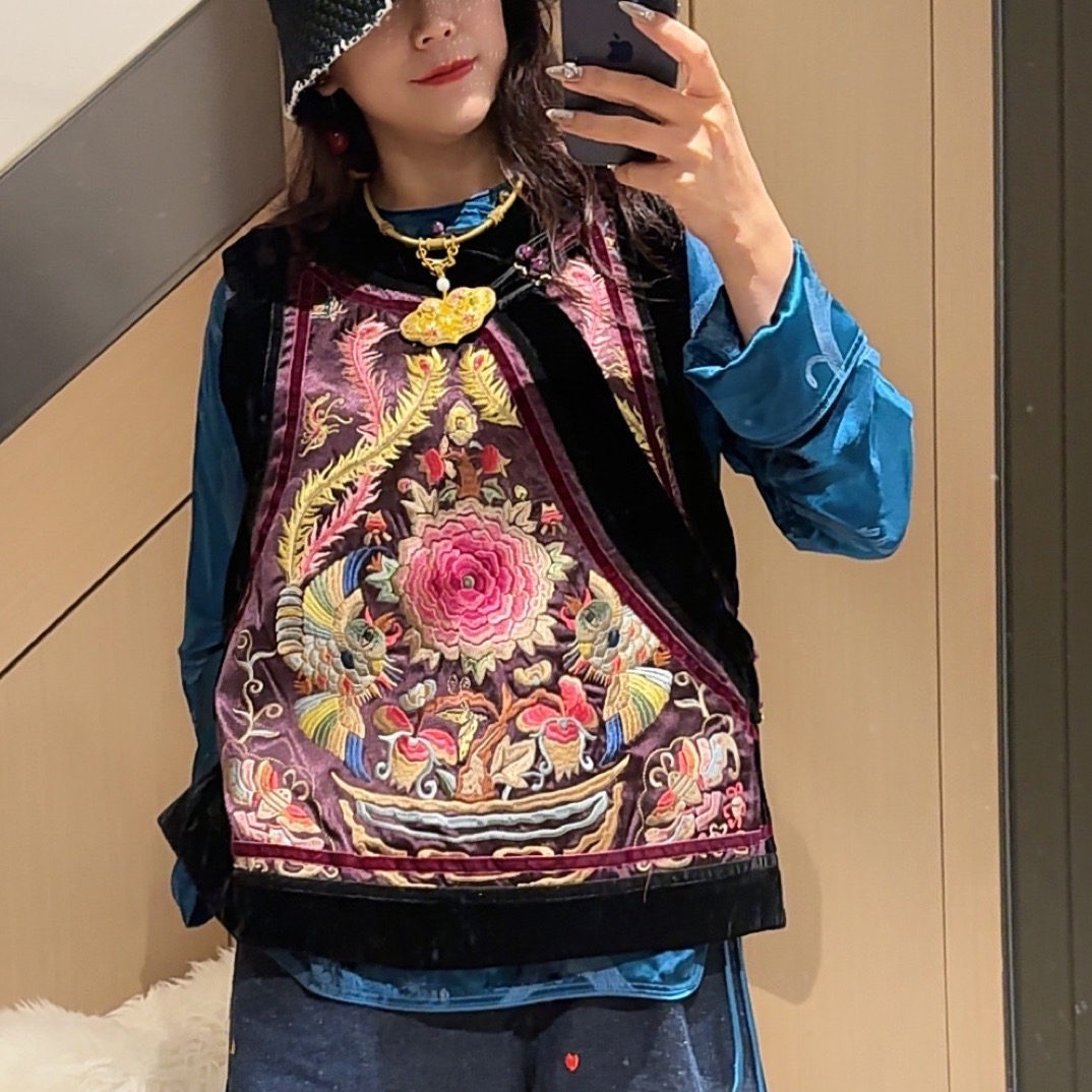 【凤穿牡丹】圆领斜襟盘扣重工刺绣马甲