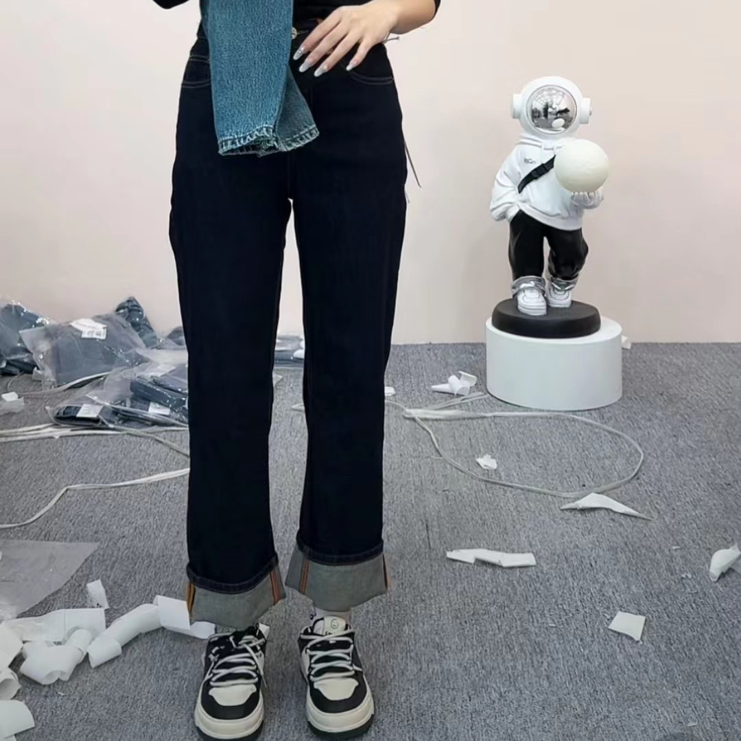 品牌橘-蓝色 牛仔裤女冬季高腰宽松时尚百搭直筒裤