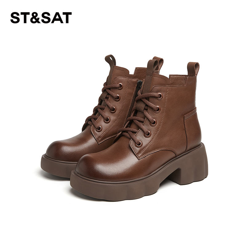 星期六女式时尚百搭秋冬复古潮流英伦风系带圆头厚底纯色马丁靴