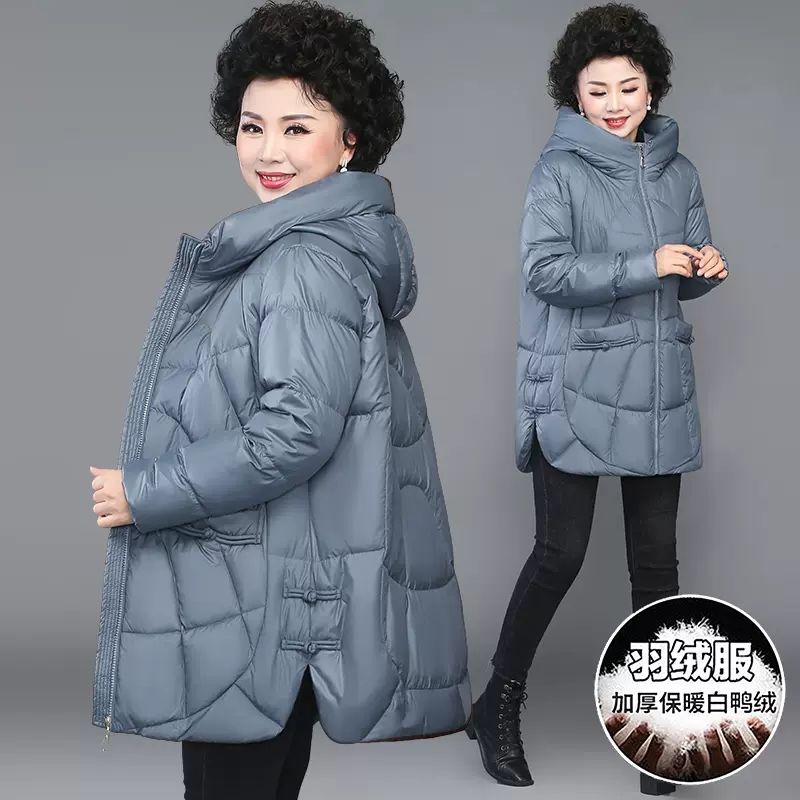 鸭鸭中年妈妈冬装羽绒服中长款洋气大码加厚保暖中老年人女白鸭绒