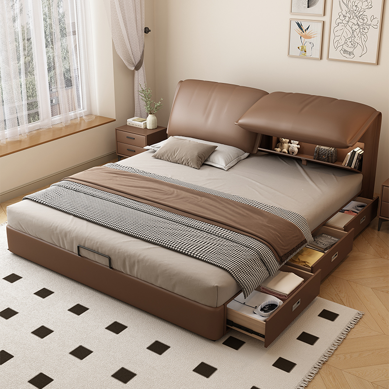 大象耳朵皮床多功能收纳高箱储物现代简约主卧双人床复古床家用