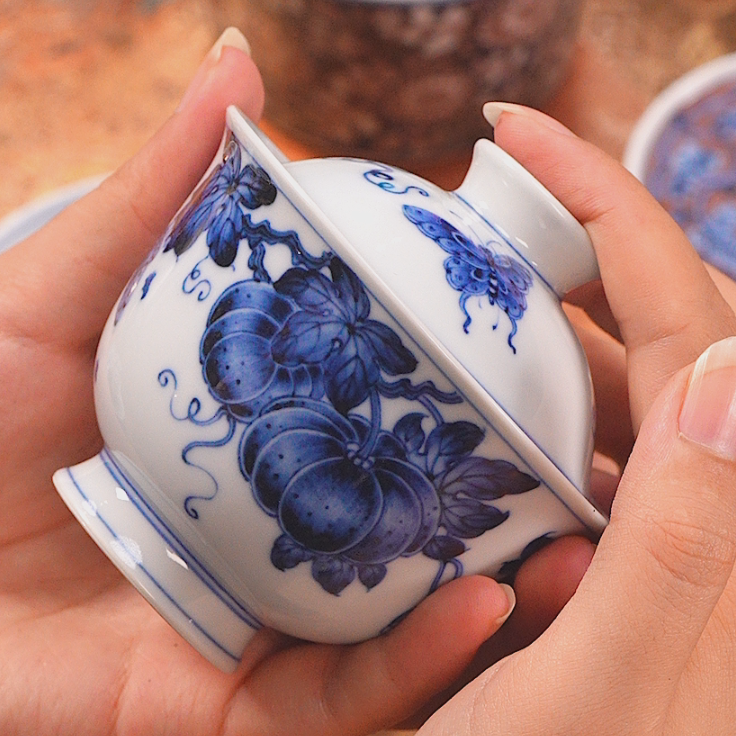 团窑 瓜蝶绵绵盖碗